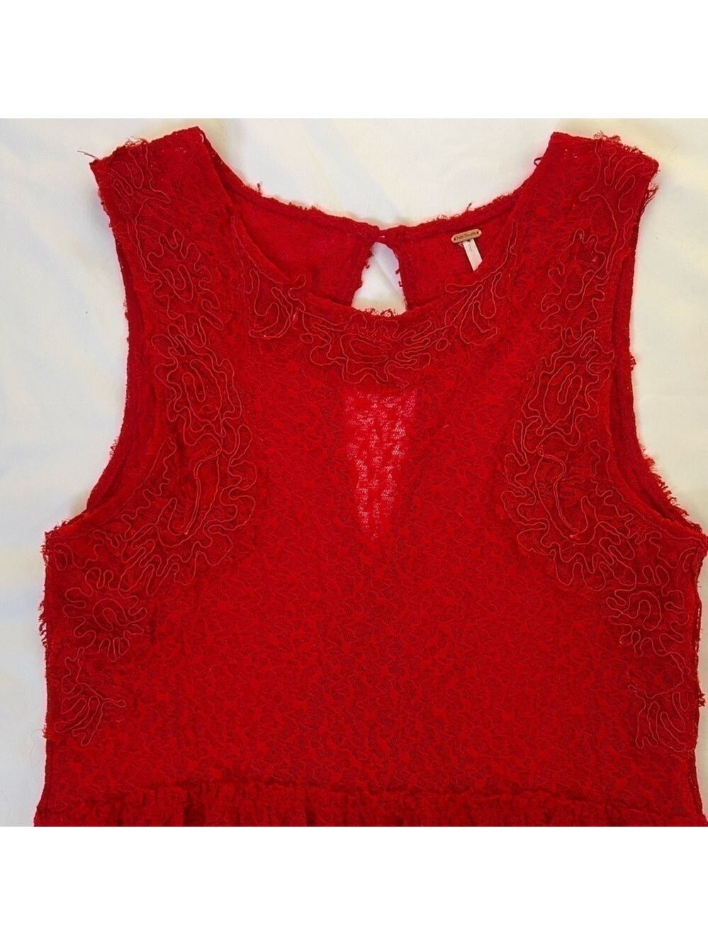 Free People Red Lace Sheer Mini Dress. Size M - Picture 3 of 7